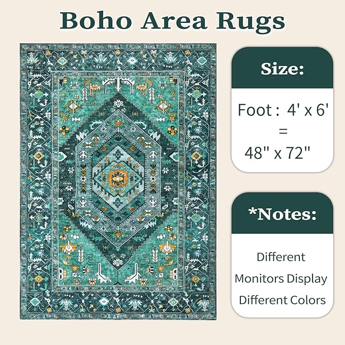 SERISSA 4x6 Boho Bedroom Rug, Washable Non Slip Vintage Teal Area Rugs, Ultra Soft Print Distressed Tribal Entry Rug Low-Pile Throw Carpet for Nursery Dorm Kitchen Living Room Decor