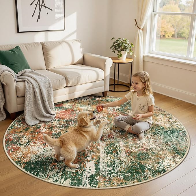 Washable Area Rugs 6ft Non-Slip Modern Abstract Soft for Living Room Entryway Bedroom Nursery, Print Pattern, Green Orange Rust Red Cream Colorful