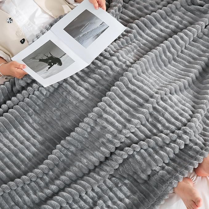 Grey Fleece Throw Blanket 108”×90” for Couch Sofa Bed,Super Soft Cozy Plush Microfiber Flannel Blanket with Stripes Design Lightweight for Adults,Woman,Girls