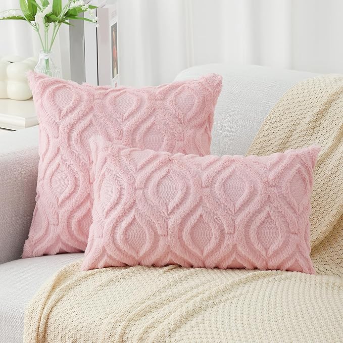 decorUhome Summer Throw Pillow Covers 16x16 Inch Set of 2, Soft Plush Faux Wool Light Pink Solid Couch Pillow Covers, Accent Farmhouse Neutral Square Pillow Cases for Sofa Bed Living Room