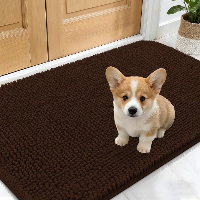 OLANLY Dog Door Mat for Muddy Paws 24x16, Absorbs Moisture and Dirt, Absorbent Non-Slip Washable Doormat, Quick Dry Chenille Mud Mat for Dogs, Entry Indoor Entryway Carpet for Inside Floor, Brown