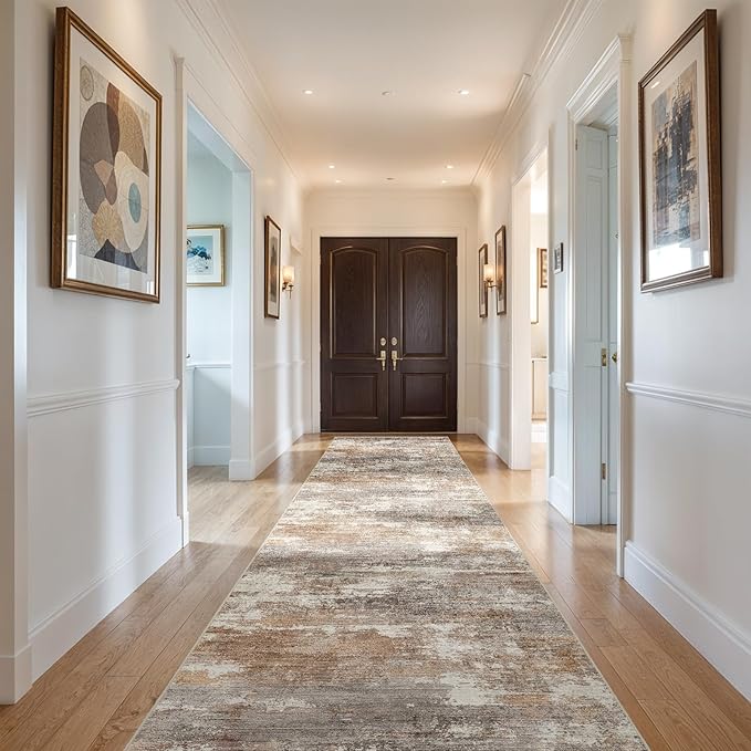 2'6''x14' Washable Kitchen Runner Rug: Modern Abstract Runners for Hallway Soft Non Slip Rugs with Rubber Backing Low Pile Thin Floor Carpet for Entryway Bedroom Bathroom Indoor(Brown/Brick,2'6''x14')