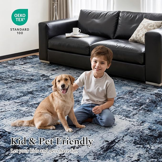Rugflix 2x3 Entrance Rugs, Entry Rug Washable Non-Slip Stain-Resistant Low Pile Small Modern Dark Carpet, for Living Room Bedroom Indoor, Navy Blue/Black