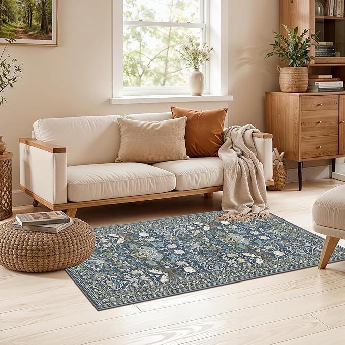 Washable 2x4 Entryway Area Rugs: Anti-Slip Thin Kitchen Carpet Indoor Light-Weight Doormat Ultra Soft Low Pile Nursery Room Rug Vintage Small Floor Mat for Hardwood Bedroom (2x4,Floral/Blue)
