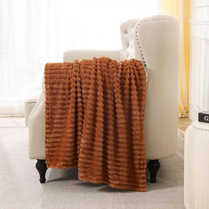 Burnt Orange Fleece Throw Blanket 108”×90” for Couch Sofa Bed,Super Soft Cozy Plush Microfiber Flannel Blanket with Stripes Design Lightweight for Adults,Woman,Girls