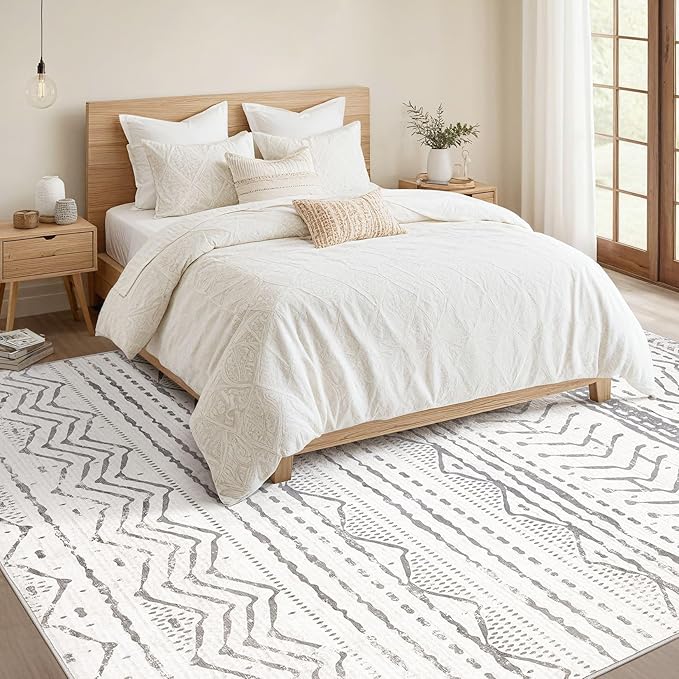 Nakagishi Area Rugs 8x10 Living Room: Washable Boho Large Neutral Soft Farmhouse Rug Stain Resistant Modern Geometric Non Slip Indoor Floor Carpet for Bedroom Nursery Kids Playroom Office- Gray White