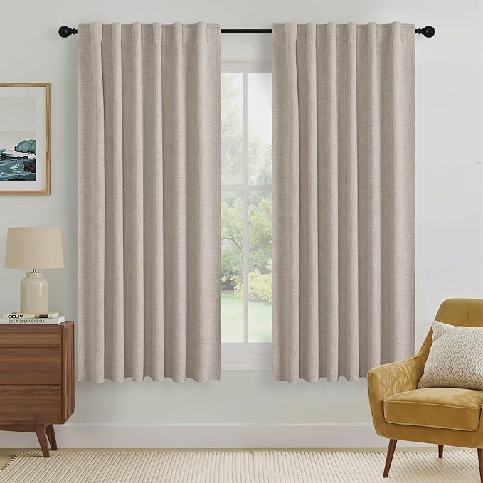 RYB HOME Natural Beige 100% Blackout Curtains 63 inch Long, Light Blacking & Thermal Insulated Curtains for Nursery/Bedroom/Kids'Room, Back Tab & Rod Pocket Window Treatment, W52 x L63, 2 Panels