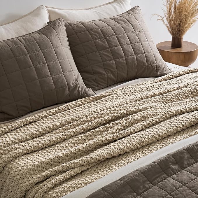 EVERGRACEHOME Chunky Chenille Knit Throw Blanket for Couch, Soft Luxurious Oversized Queen Moss Stitch Blanket for Bed, Cozy Farmhouse Knitted Throw for Sofa, Sand Dune, 90" x 90"