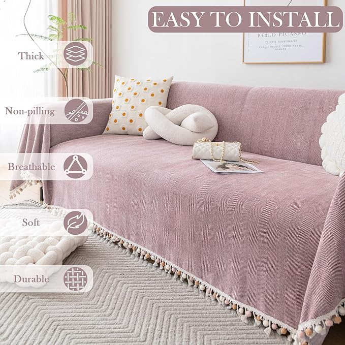 HANDONTIME Soild Couch Covers for Dogs Pink-Purple Sofa Covers Boho Cover for Sofa 3 Seats Chenille Sofa Throw Cover Mauve Sofa Covers for 3 Cushion Couch Tassel, Washable, Pet Friendly, 91" X150"