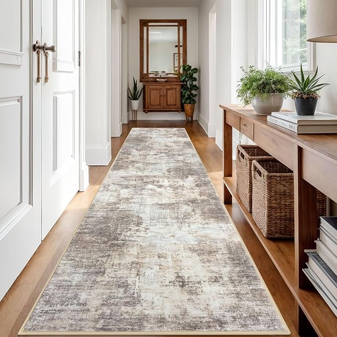 IOHOUZE Abstract Runner Rug 3x12 Ft Washable Runners for Hallways, Non Slip Kitchen Runner Printed Faux Wool Entryway Runner Indoor, Modern Abstract Floor Carpet for Hall Kitchen, Beige Brown