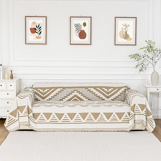 MYSKY HOME Sectional Couch Cover Khaki Boho Geometric Sofa Covers for Sectional Sofa L Shape Chenille Couch Protector for Dogs Pets Couch Throw Cover Washable Durable for Home Decor, 71" X118"
