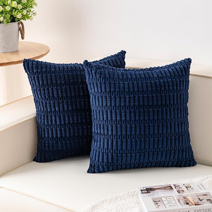 Pack of 2 Corduroy Decorative Throw Pillow Covers 22x22 Inch Soft Striped Pillow Covers Modern Farmhouse Home Decor for Sofa Living Room Couch Bed（Blue）