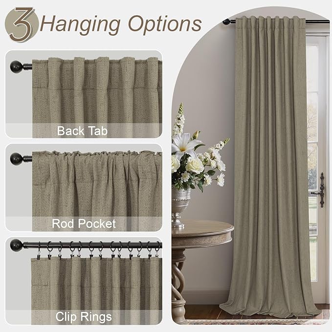 Taupe Blackout Curtains 90 Inches Long Thick Linen Patio Curtain for Sliding Glass Doors Neutral Cottagecore Home Decor Living Room Darkening Energy Saving Drape Window Coverings 52x90 Length 2 Panels