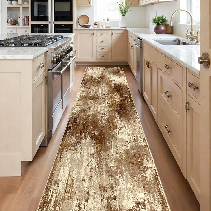 Washable Area Rugs 2'x8' Non-Slip Modern Abstract Soft for Living Room Entryway Bedroom Nursery, Print Pattern, Brown Tan Beige Coffee
