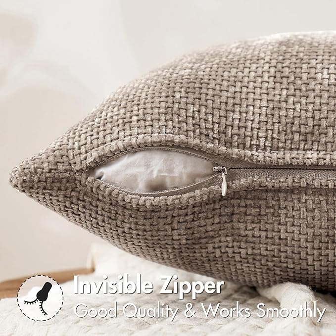 MIULEE Pack of 2 Couch Throw Pillow Covers 18x18 Inch Light Khaki Boho Accent Decorative Pillow Covers Soft Chenille Farmhouse Taupe Cushion Covers for Home Decor Bed Sofa Living Room