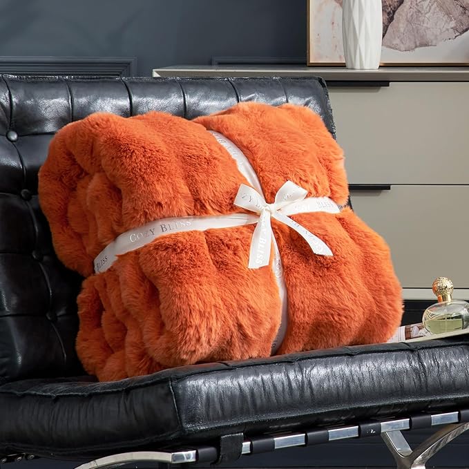 Cozy Bliss Faux Fur Throw Blanket for Bed King Size, Bubble Plush Blanket, Fuzzy Soft & Thick Blanket for Fall Bed Sofa Living Room, 108x90 Inches Halloween Burnt Orange