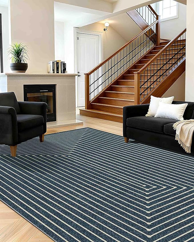 Latte&Fog 8x10 Area Rugs for Living Room, Large Modern Abstract Washable Rug, Boho Non Slip Low Pile Carpet for Indoor Bedroom Dining Room, Office, Dorm, Classroom, Farmhouse and Kids Room - Blue