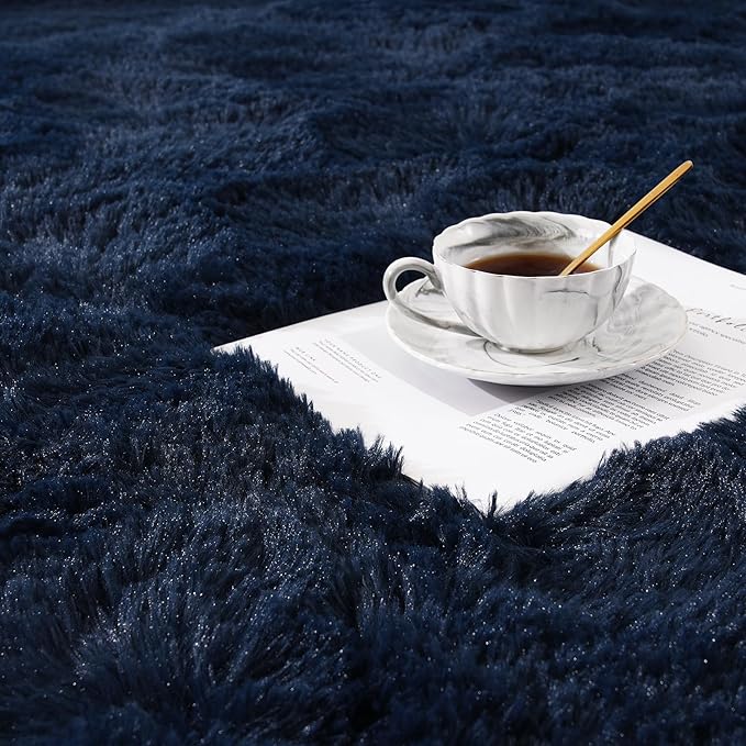 Amearea Shag Fluffy Area Rug for Kids Bedroom Living Room, Extra Soft and Fuzzy Shaggy Rugs, Non Slip, Solid Color Carpet Mat for Girls Nursery Home, Navy Blue 5x7.5 Feet