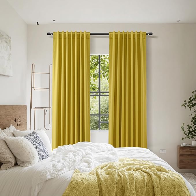 Guken 100% Blackout Curtains 84 Inch Length 2 Panels Set for Living Room Bedroom Back Tab Thermal Insulated Black Out Linen Drapes Room Darkening Celery Yellow,52x84