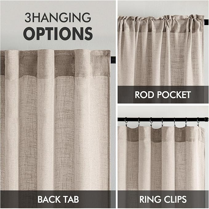 MIULEE Natural Linen Curtains 72 Inch Length 2 Panels for Bedroom Living Room, Soft Linen Textured Window Drapes Semi Sheer Light Filtering Back Tab Rod Pocket Farmhouse Modern Burlap Look Decor