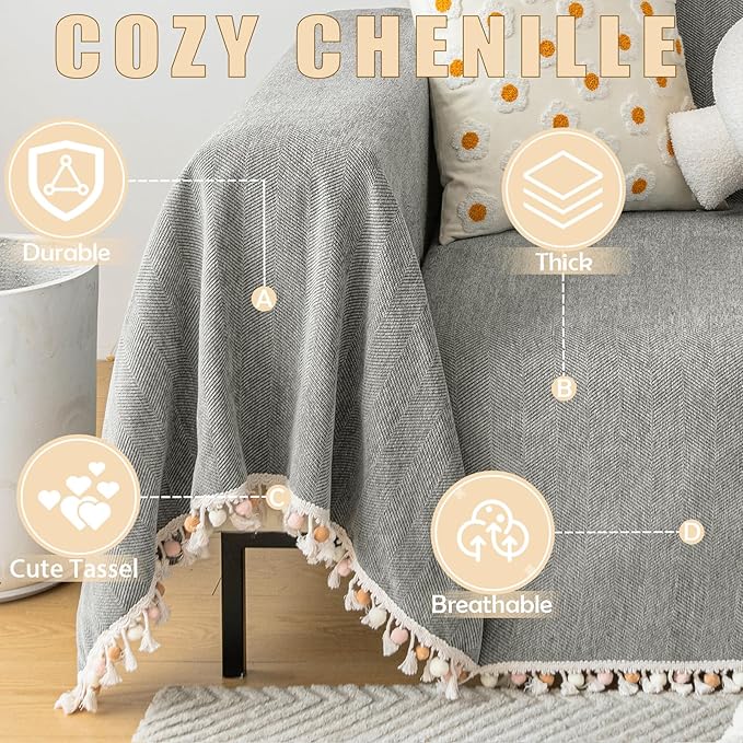HANDONTIME Couch Slipcovers for Sofas Dark Grey Couch Cover Sofa Cover for Dogs Boho Pet Couch Protector with Tassel Chenille Herringbone Couch Cover for 2 3 Seat Washable Pet Friendly, 71" X118"