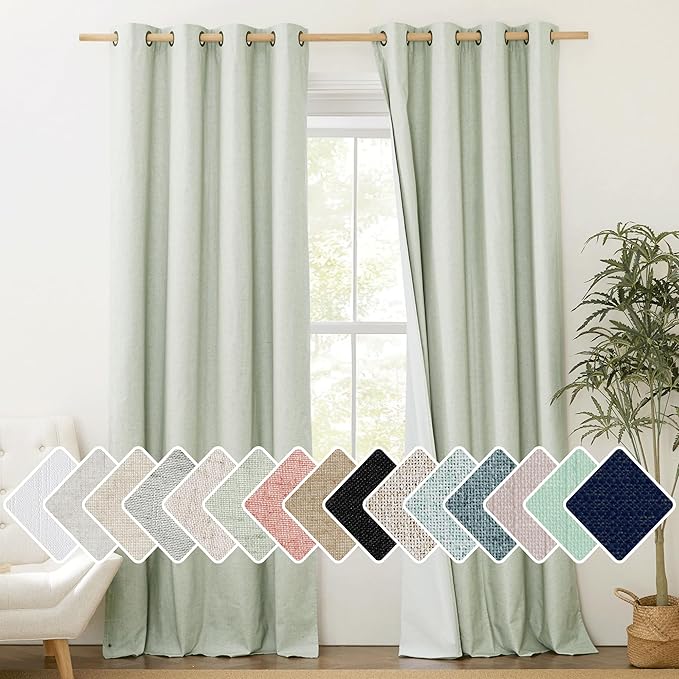NICETOWN Sage Green Linen 100% Blackout Curtains 120 inches Length with Thermal Insulated Liners, 2 Panels, 52 inches W, Farmhouse Style Extra Long Window Draperies for Patio Sliding Glass Door