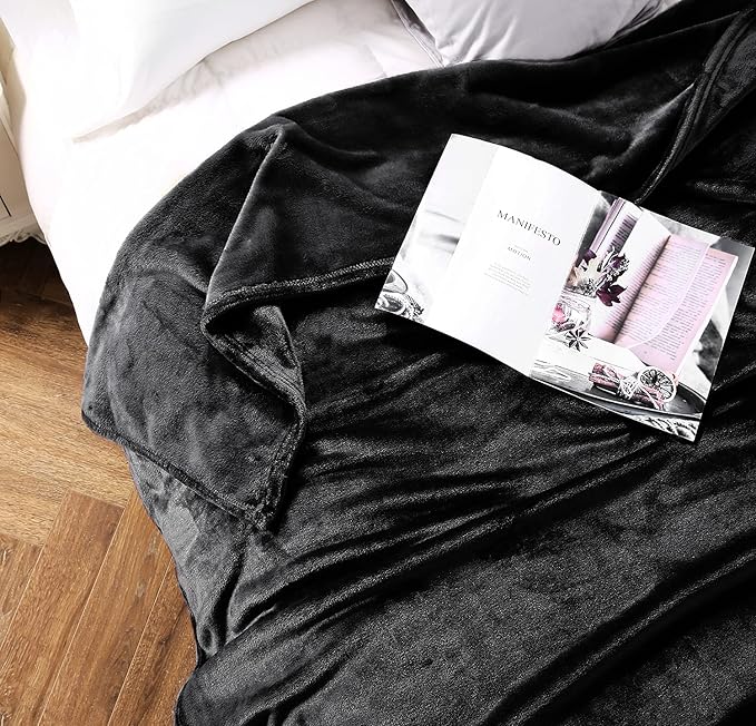 TASTHROW Large Flannel Fleece Throw Blanket, 90×108 Inch - Cozy Lightweight Thick Blanket - All Seasons Suitable for Women, Men and Kids (Black)
