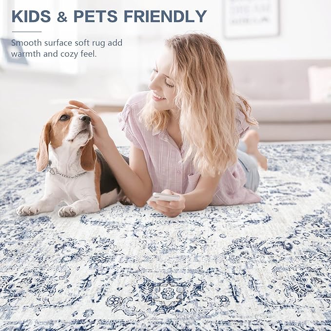 5x7 Area Rugs for Living Room: Washable Rug Vintage Large Rugs Soft Non Slip Low Pile Rug Floral Distressed Floor Carpet for Bedroom Kitchen Nursery Dining Room Home Office (Blue, 5'x7')