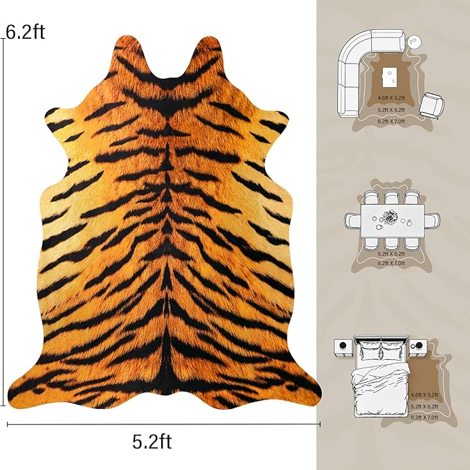 AROGAN Premium Tiger Print Rug 5.2x6.2 Feet, Machine Washable Faux Fur Rug, Non-Slip Animal Print Hide Tiger Skin Area Rug for Bedroom Living Room Home Decor