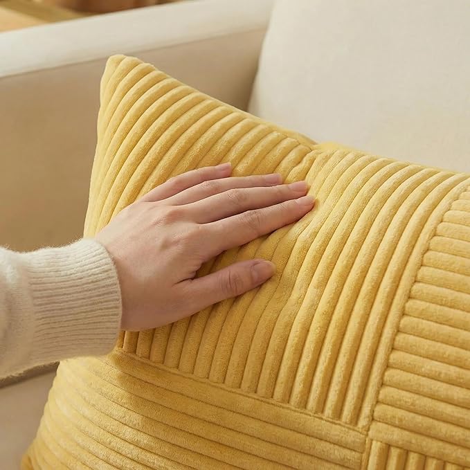 Fancy Homi 2 Packs Yellow Big Decorative Throw Pillow Covers 24x24 Inch for Couch Bed Sofa, Rustic Farmhouse Boho Home Decor, Soft Corss Corduroy Patchwork Accent Square Cushion Case 60x60 cm