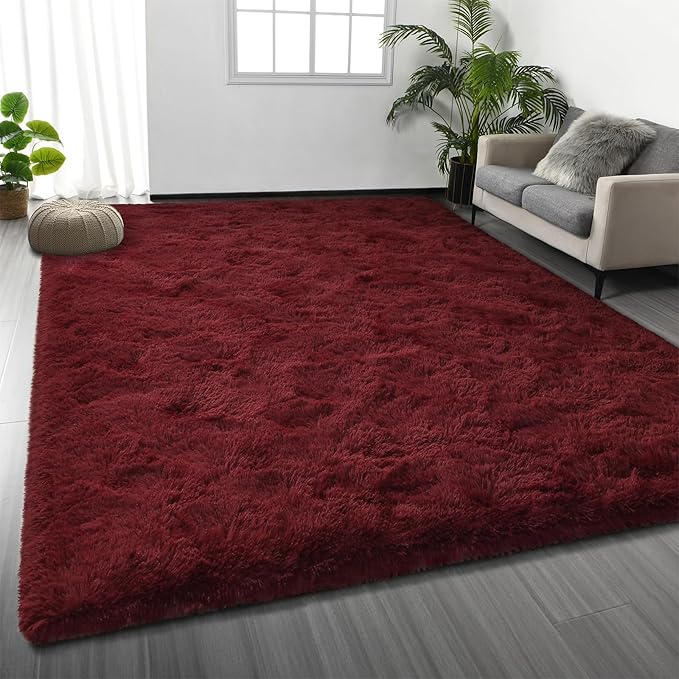 Large Shag Area Rugs 5 x 8, Plush Fuzzy Rugs for Living Room, Ultra Soft Fluffy Furry Rug for Bedroom, Indoor Carpet Nursery Rugs for Kids Room Home Decor, Burgundy