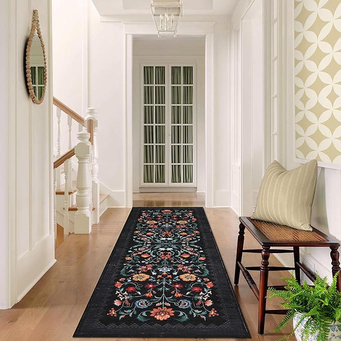 GarveeHome Floral Rug 2x6 Runners for Hallways, Boho Kitchen Runner Rugs Non Slip Bath Runners, Vintage Washable Runner Rug for Bedroom, Soft Long Rugs for Entryway Bathroom Laundry Dorm, Black