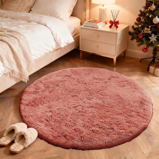 OLANLY Rust Red Round Rugs for Bedroom - Machine Washable, 4 ft Circle Area Rugs for Living Room, Soft and Fluffy Shaggy Carpet for Teen Girl and Boys, Nursery Rooms, Dorms, Home Decor Aesthetic
