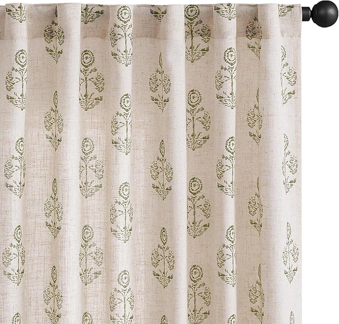 jinchan Linen Floral Curtains for Living Room 84 Inch Length Green Flower Cottage Core Farmhouse Curtains Rod Pocket Back Tab Boho Semi Sheer Window Drapes Bedroom Set 2 Panels Green on Beige