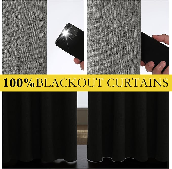 NICETOWN Grizzle Gray Vintage Linen 100% Blackout Curtains for Living Room, Thermal Insulated Curtains 95" Long, Noise Reducing Window Treatment Drapes for Bedroom, 52" Wide Per Panel, Set of 2