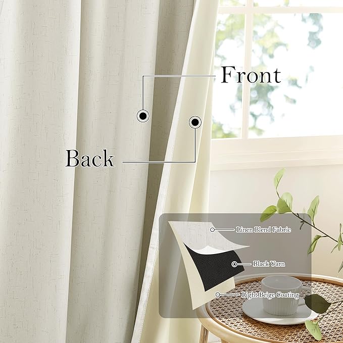 RYB HOME Cream White Linen Blackout Curtains, 100% Blackout Thermal Insulated Boho Farmhouse Window Curtain Panels for Living Room, Back Tab & Rod Pocket, 52" W x 96" L, 2 Panels Set