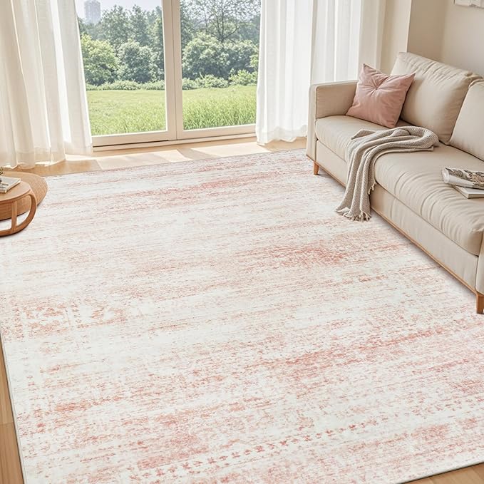 Washable Rugs 6x9 Area Rugs for Living Room,Bedroom,Dining Room- Ultra Soft Faux Wool Nursery Rug for Baby Girl,Neutral Light Pink Low Pile Vintage Carpets for Dorm Kids Playroom,Non Slip