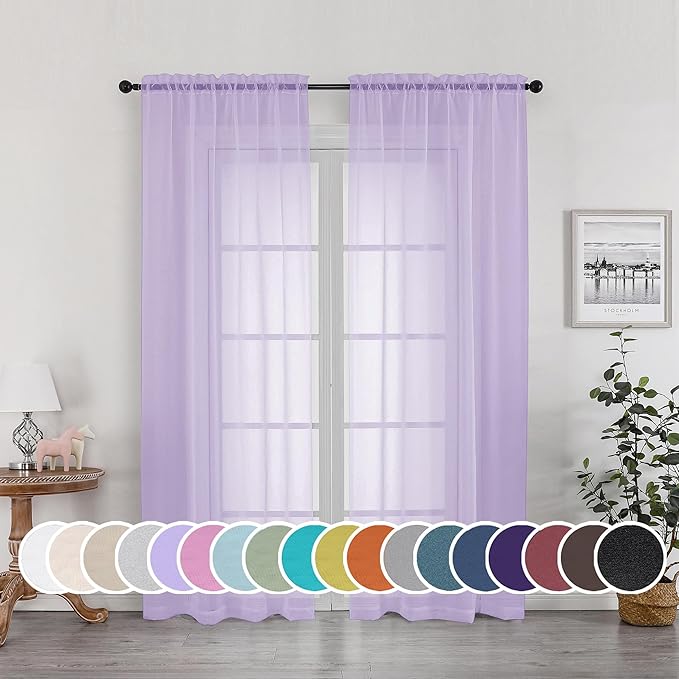 OWENIE Lavender Sheer Curtains 72 Inches Long Set of 2, Airy Sheer Curtains & Drapes for Living Room Bedroom, Solid Voile French Door Curtain Rod Pocket Top, Light Purple, 2 Pcs Total 84 inch Width