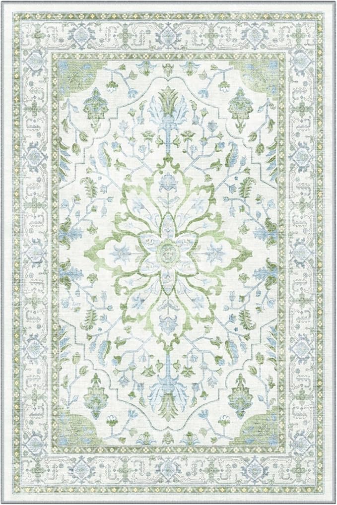 Area Rugs Round 6ft Washable Non-Slip, Floral Vintage Distress Print Pattern Medallion Carpet for Living Room Bedroom Dining Room, Green White Blue