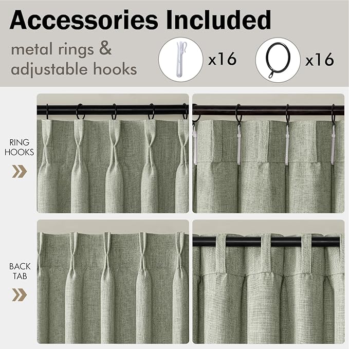 MIULEE Pinch Pleated Thick Linen Curtains 84 Inches Long 2 Panels for Living Room Bedroom, Linen Textured Memory Trained Drapes Pleat Back Tab Light Filtering Sage Green Window Curtains with Hooks