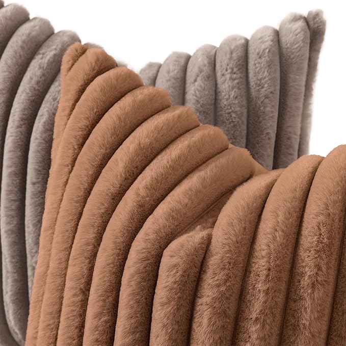 decorUhome Cozy Faux Fur Throw Pillow Covers 24x24 Set of 2 Decorative Soft Plush Striped Modern Farmhouse Boho Couch Euro Sham Pillow Cases with Velvet Back for Sofa Bed Living Room, Brown
