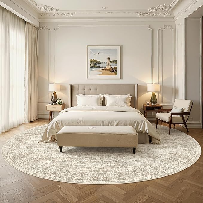 8x8 Beige Round Rug 8ft Living Room Circle Rug Vintage Round Area Rug Non Slip Indoor Carpet for Apartment