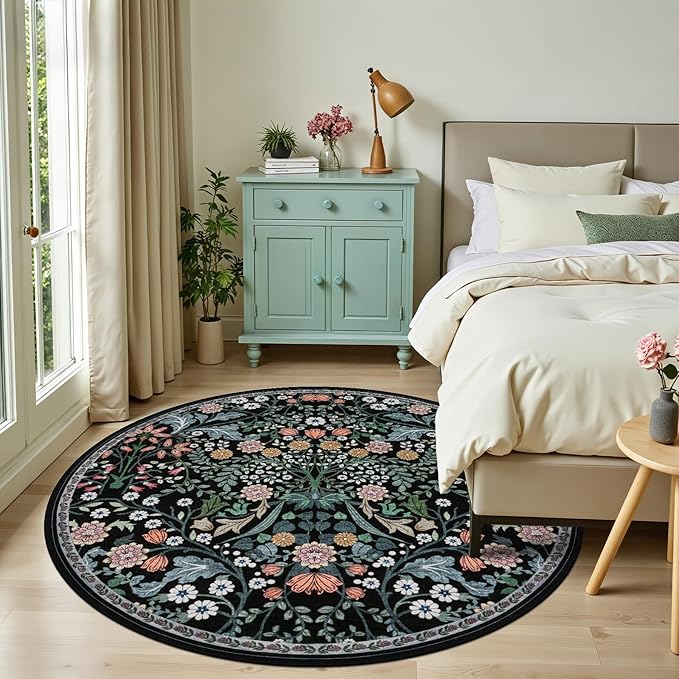 Round Area Rug for Living Room: 6 ft Floral Washable Circle Rug Soft Boho Non-Slip Carpet Indoor Stain Resistant Low Pile Small Circular Rug for Bedroom Entryway Kitchen Nursery Home Office Dark Black