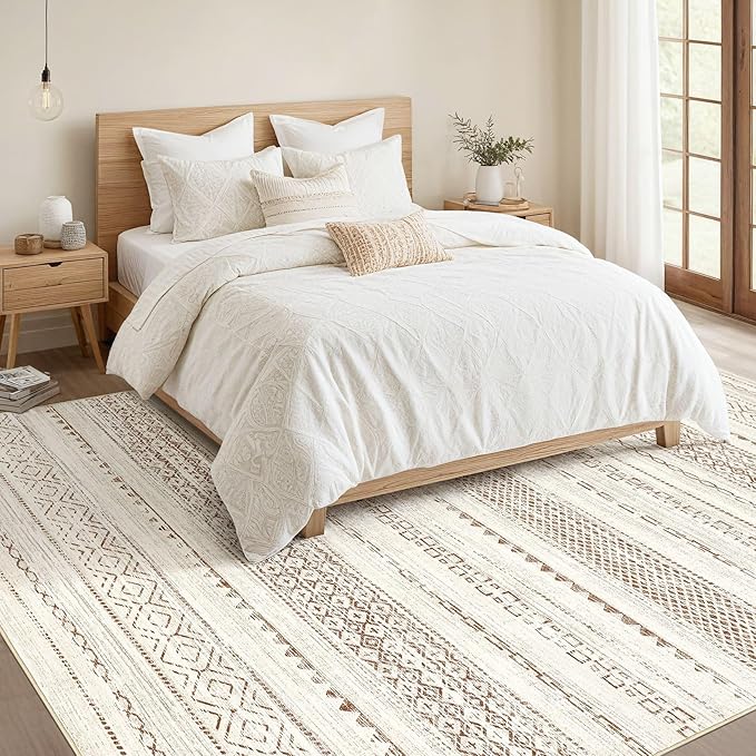 Nakagishi 9x12 Area Rug Living Room: Washable Boho Large Neutral Modern Soft Farmhouse Rugs Stain Resistant Indoor Floor Non-Slip Carpet for Bedroom Nursery Kids Playroom Office Dining Room- Brown