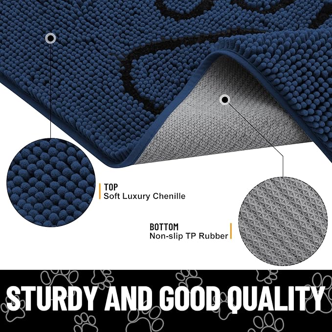 Smiry Dog Door Mat for Muddy Paws, Absorbent Dirt Trapper Non Slip Quick Dry Washable Chenille Mat for Mud Dogs, Entry Rug for Indoor and Outdoor (48x30 Inches, Dark Blue and Black)