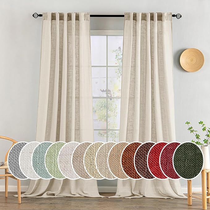 MIULEE Beige Linen Curtains 90 Inch Long 2 Panels for Bedroom Living Room, Soft Linen Textured Window Drapes Semi Sheer Light Filtering Back Tab Rod Pocket Farmhouse Modern Burlap Look Decor
