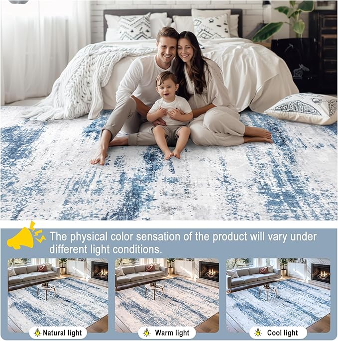 Area Rugs 10x14 Living Room - Washable Rug Modern Abstract Soft Large Neutral Non-Slip Carpet Indoor Floor Thin Carpets for Bedroom Dining Room Farmhouse Nursery Home Office White Blue Grey