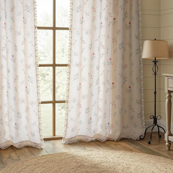 Boho Floral Spring Semi Sheer Curtains 84 Inch Length 2 Panels Set, Linen Texture Farmhouse Light Filtering Curtains Beige Tassel for Bedroom Living Room Vintage Rustic Patterned Printed Rod Pocket