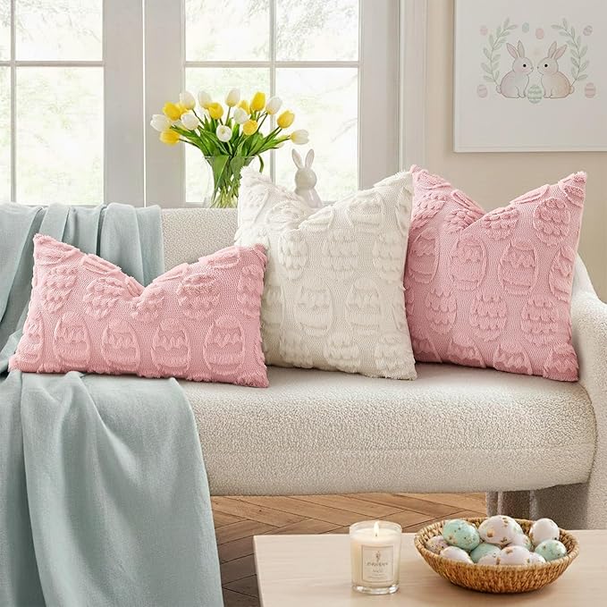 decorUhome Easter Pink Egg Pillow Covers 18x18 Inch Set of 2, Soft Plush Faux Wool Jacquard Cushion Covers, Farmhouse Neutral Fuzzy Spring Easter Holiday Decor for Couch Sofa Bed