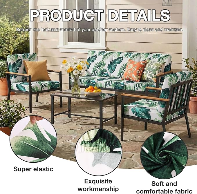 hyha 4Pcs Patio Cushion Covers, Stretch Outdoor Couch Cushion Covers, Washable Outdoor Chair/Sofa Slipcovers for Patio Furniture Cushions Protector with Elastic Bottom(Monstera Deliciosa,Cover Only)